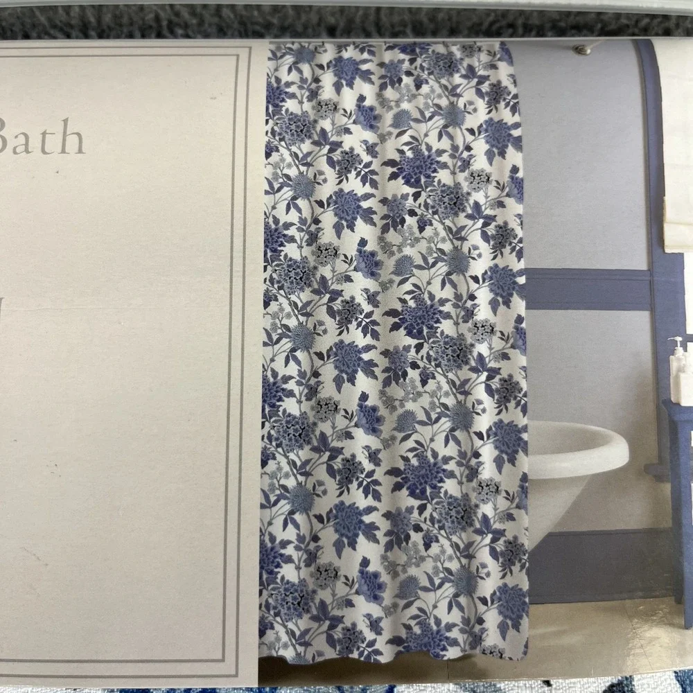 Market Street Bath Fabric Shower Curtain Floral cottage garden Thai Kingdom Blue